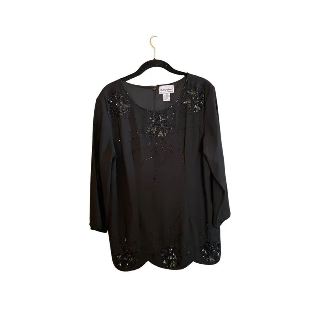 Anthony Richards, women’s semi sheer beaded, black, sequin scalloped top size 12
